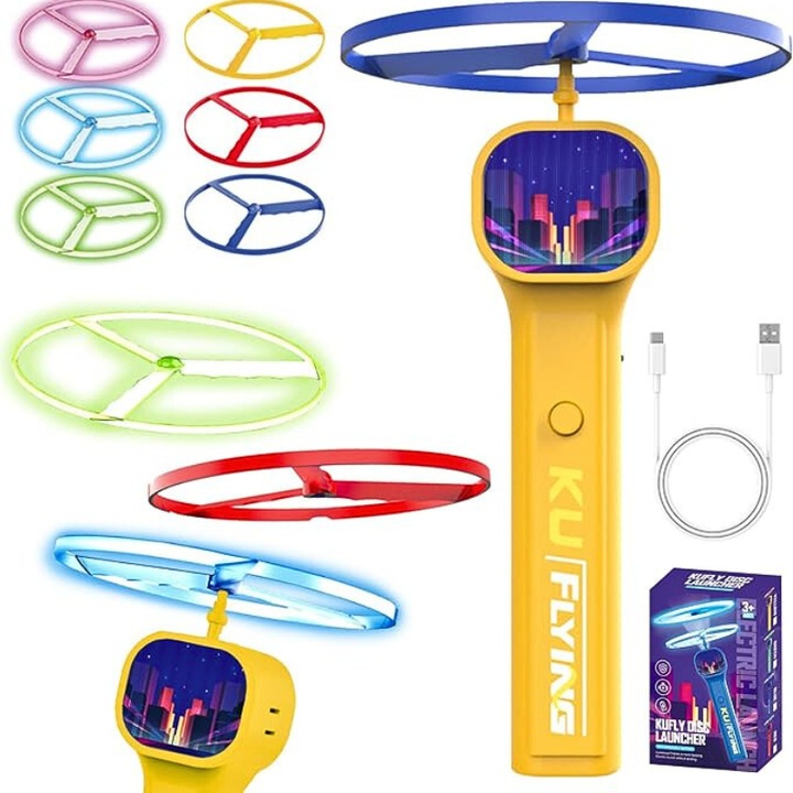 Frisbee electric, reincarcabil, set 6 discuri (3 standard + 3 fluorescente), zbor 6-8m, galben, 16.5x10.5x5.5cm