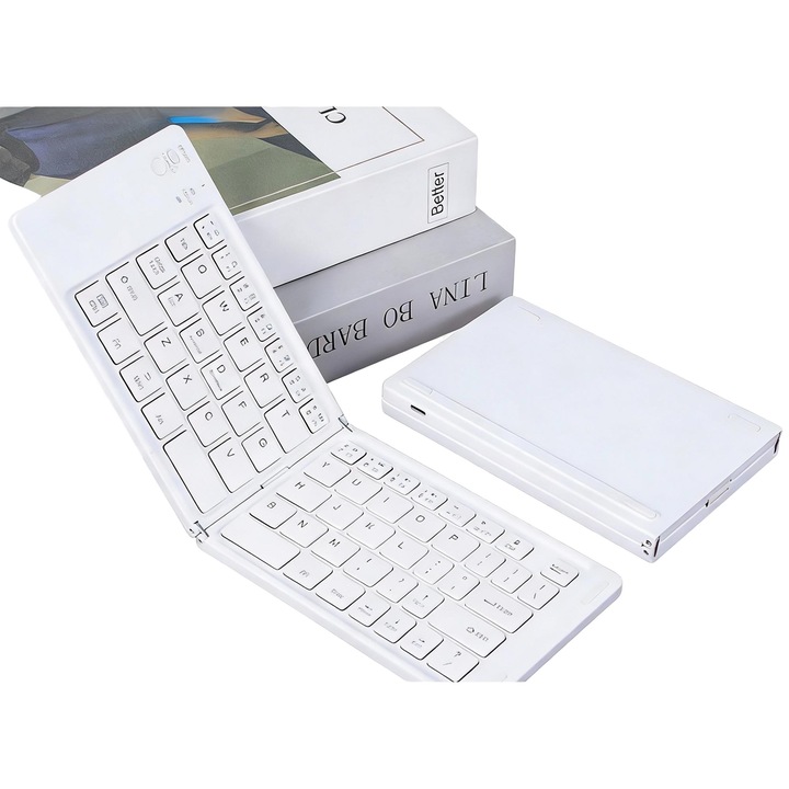 Tastatura wireless pliabila alba, standard, compatibila cu iPad, tableta, telefon mobil, laptop