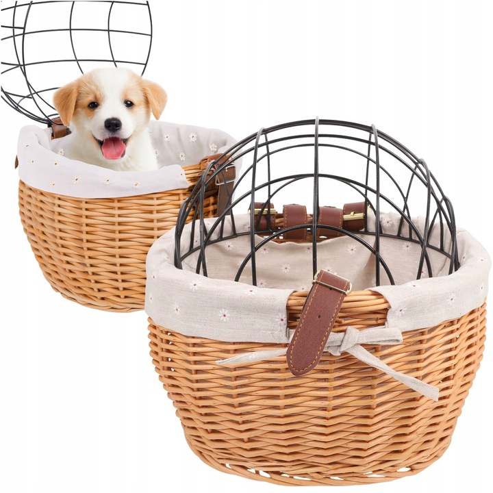 Cos de bicicletă Gearox, ratan, bej, 35x30cm, capac închis cu plasă