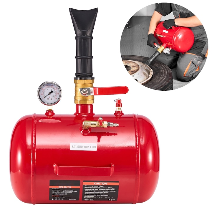 Butelie umflare talon anvelope, Umflator cu rezervor 18, 9 L, Declansator pneumatic, Presiune lucru 6–8 bar (87–116 PSI), Pentru auto/camioneta/ATV/furgoneta, Rosu