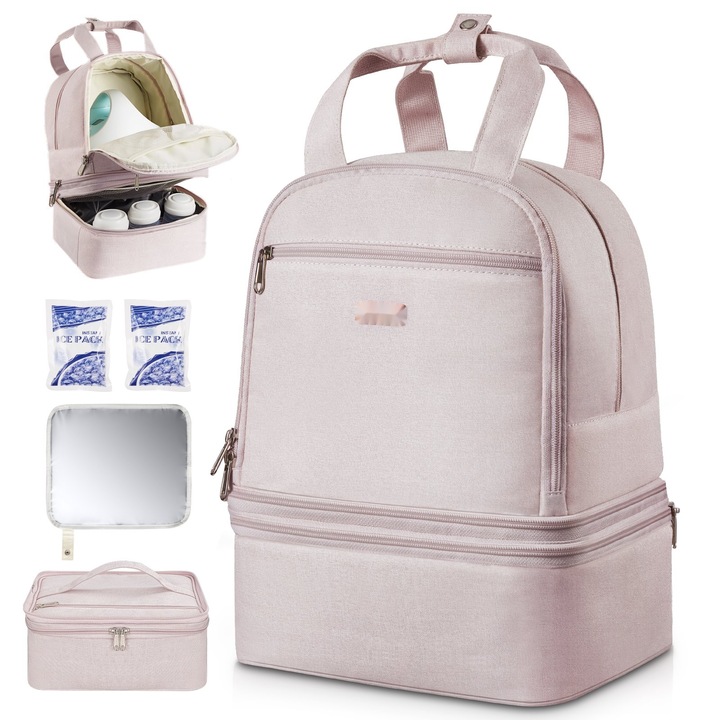Mellszívó hátizsák, Szoptatós táska, Hőszigetelt rekesz jég számára, Anyatej és kiegészítők tárolása, Hordozható munkához/utazáshoz, Világos rózsaszín