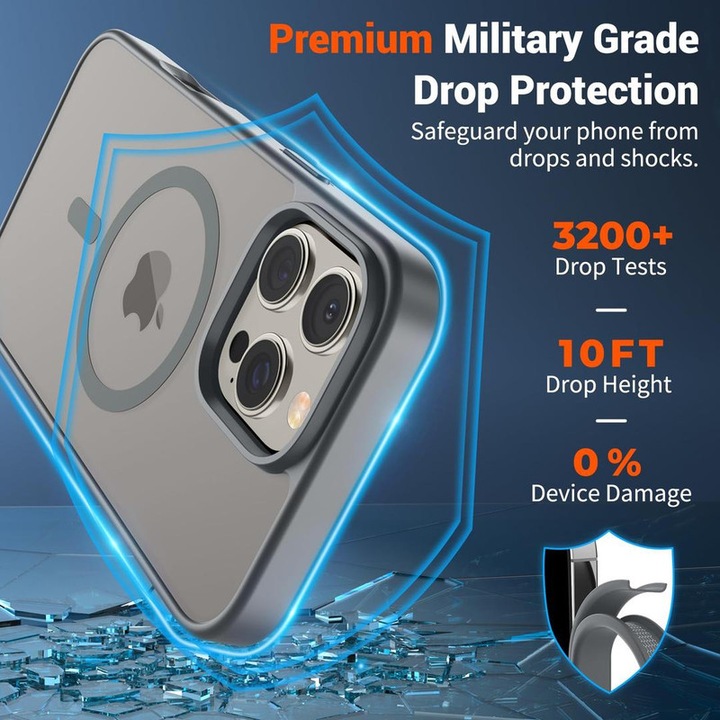 Калъф за телефон, съвместим с iPhone 12 Pro, военна защита, матов прозрачен дизайн, сив