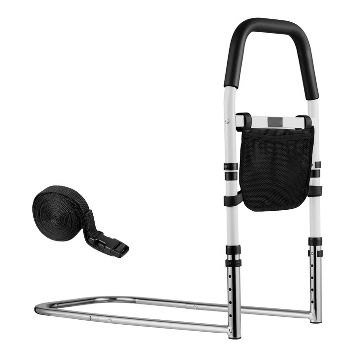 Balustrada de pat, Bara de sprijin, Inaltime reglabila, Otel carbon rezistent, Maner PU antiderapant, Pentru varstnici si pacienti, Compatibila cu paturi King/Queen/Full/Twin