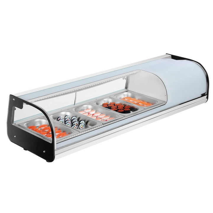 Витрина хладилна за суши, Търговска витрина за плот, 52 L, 5 тави, Извито стъкло, LED осветление, Дигитален контрол на температурата
