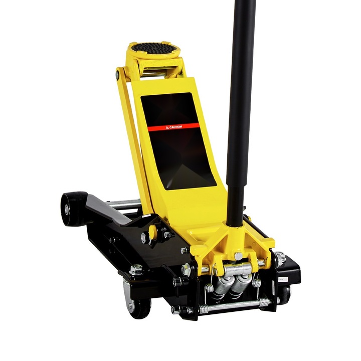 Cric hidraulic de podea, Profil redus, Capacitate 4 tone, Doua pistoane, Ridicare rapida, Interval de ridicare 100–545 mm, Constructie din otel, Pentru auto si SUV, Galben/Negru