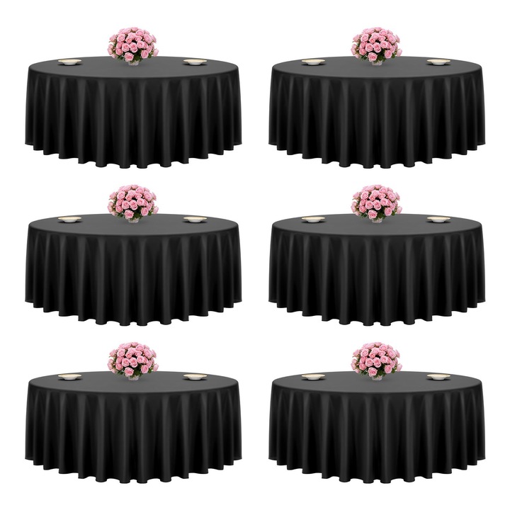 Fete de masa rotunde, Set 6 bucati, Diametru 120 cm, Poliester, Rezistente la pete, Antisifonare, Lavabile la masina, Pentru nunti si petreceri, Negre