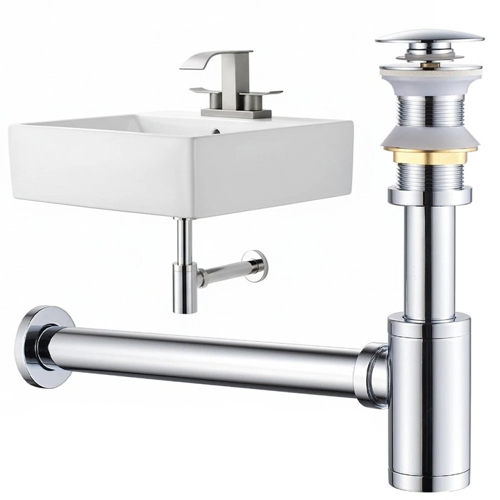 Sifon Lavoar Premium din Otel Inoxidabil, Bedee®, Sifon chiuveta cu supapa pop-up, Anti-miros, ajustabil 110-200mm, lungime iesire 300mm, metal, argintiu