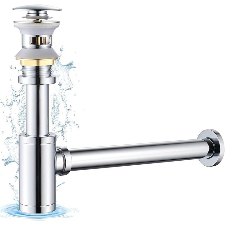 Сифон за мивка с изскачащ клапан, Bedee, регулируем 110-200 мм, дължина на изхода 300 мм, метал, сребрист