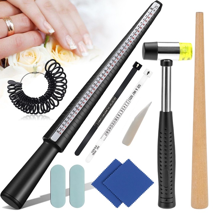 Set de unelte pentru masurarea inelelor, Bedee®, Set de 11 Instrument masurare inel, cu 1x Bat de lemn,1x Instrument de masurare, cu Ciocan de cauciuc, dimensiuni diverse, negru