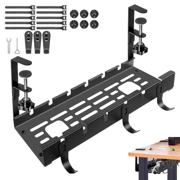 Organizator de cabluri sub birou, Bedee®, set cu 10 legatori cablu si 6 clipsuri cablu, fara gaurire, Managementul cablurilor sub birou, Organizator de cabluri sub birou, potrivit pentru majoritatea birourilor,40*12*19cm, negru