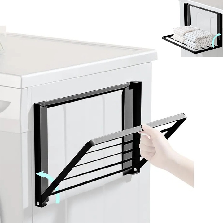 Raft Magnetic Pliabil pentru Masina de Spalat, Bedee®, Suport magnetic orizontal pliabil pentru masina de spalat, suport pentru uscare a hainelor, prosop de baie, economisire de spatiu, Suporta 6kg, suport de depozitare,41x25x25 Cm, Negru