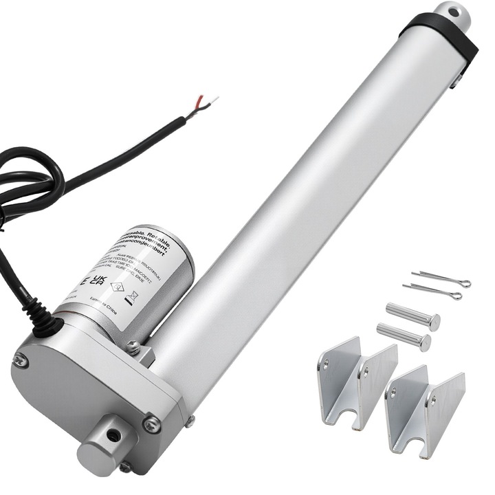 12V-os elektromos lineáris aktuátor, lineáris szervomotor, 250 mm löket, 15 mm/s sebesség, 1000 N erő, IP54, rögzítőkonzol, emelőasztalokhoz és dönthető fotelekhez