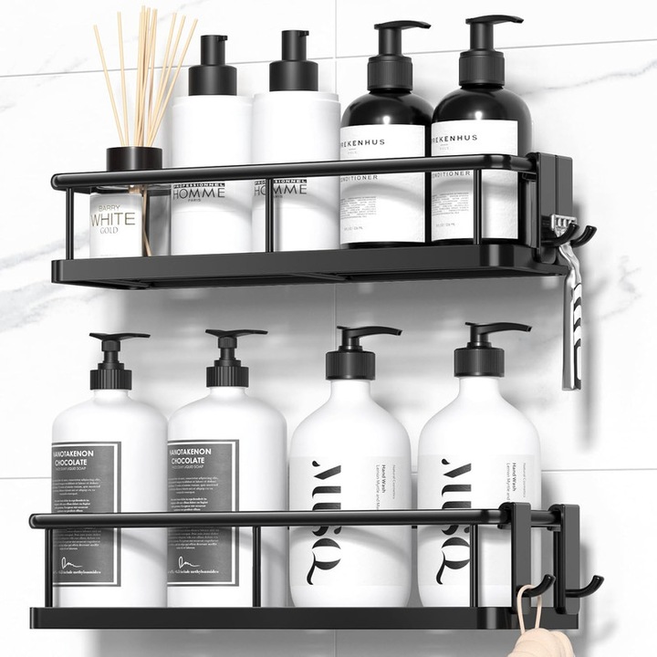 Set Raft de Dus, Bedee®, Polita cu Adeziv, Suport Prosop, Baie si Bucatarie Set 2 Bucati, Depozitare In Bucatarie, Organizator Baie cu Montare Usoara fara Gaurire, Design Modern, Negru, 2 piese