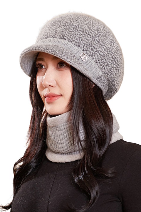 Caciula dama, set doua piese, model chic cu fular tip guler asortat, tematica cool winter, marime universala, gri, EFAYN