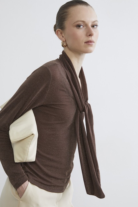 LC WAIKIKI, Bluza cu aspect stralucitor si guler tip esarfa, Maro fango, M