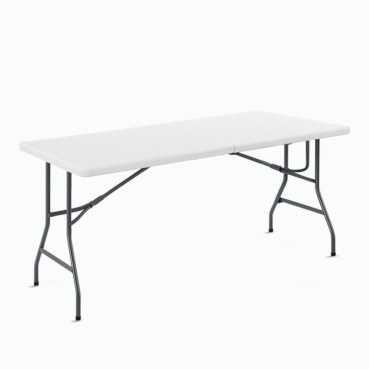 Сгъваема маса Kiwari EVENT 150x70 см – Правоъгълна маса за събития и кетъринг, сгъваем дизайн с дръжка за носене, здрави метални крака, HDPE плот, бяла