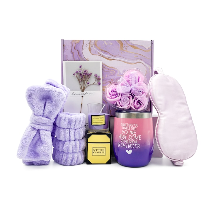 Set cadou spa pentru femei, 6 piese, cutie cadou, pahare, capac pentru ochi, flori, curele de par, lumanari, felicitari, valentine, ziua Mamei, craciun, Violet