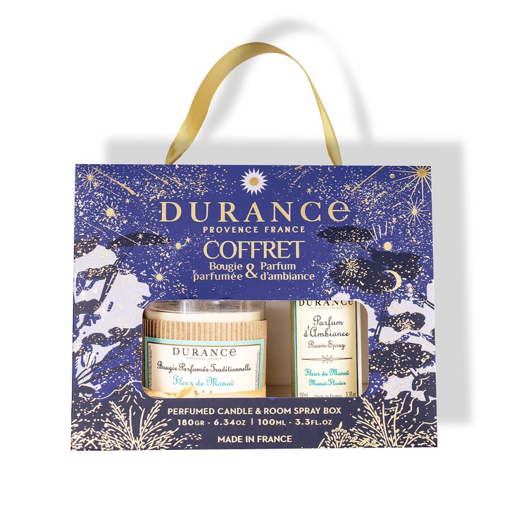 Подаръчен комплект Durance - Цвете Моной - Ароматна ръчно изработена свещ 180 гр, Ароматизатор за стая 100 мл
