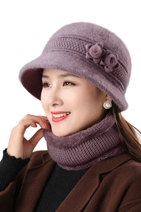 Caciula dama, set doua piese, model sofisticat cu fular tip guler asortat, tematica timeless elegance, marime universala, mov deschis, EFAYN