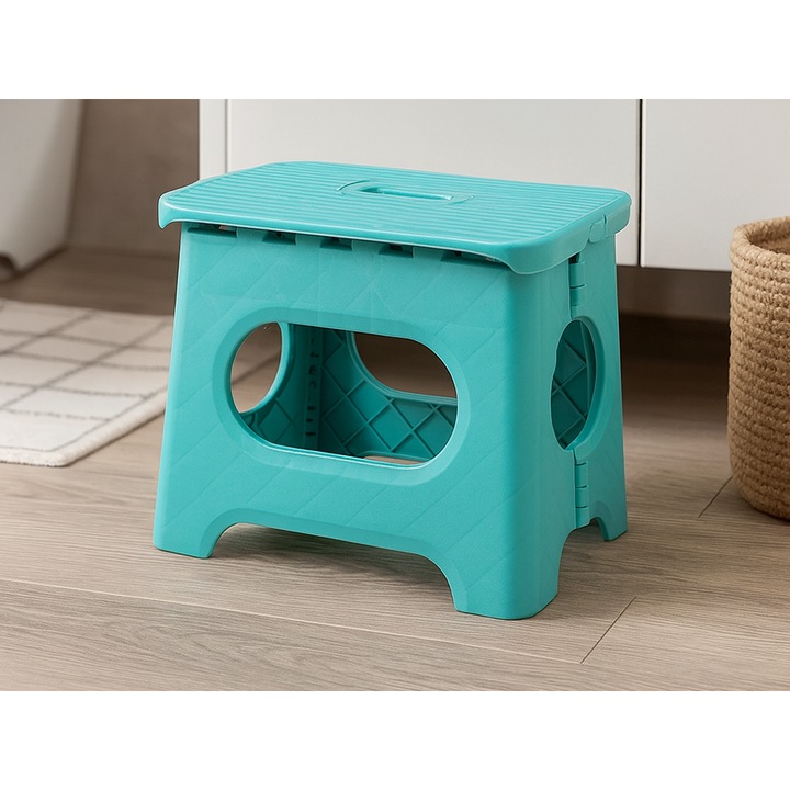 Сгъваема табуретка с дръжка, устойчива пластмаса, преносима, противоплъзгаща, 26.5 x 20.5 x 20.5 см, тюркоаз