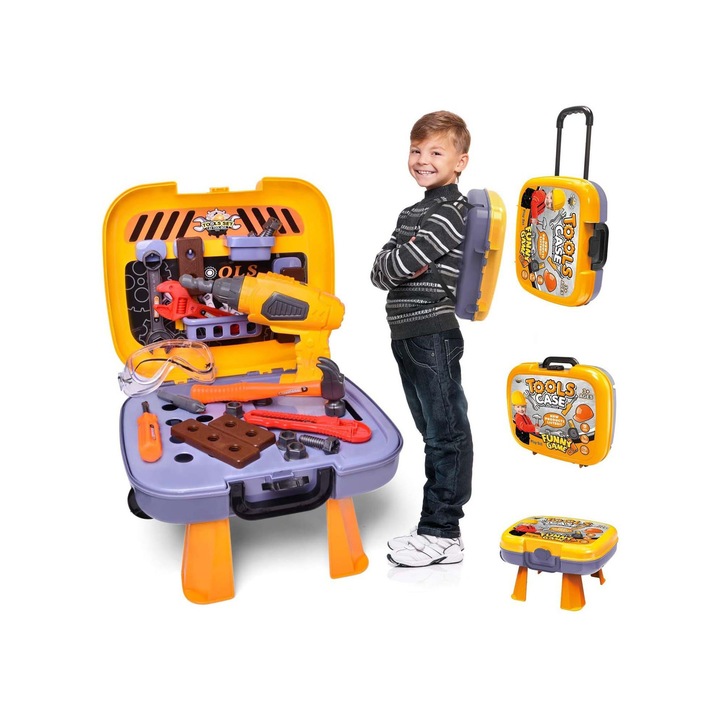 Set de unelte pentru copii (37 piese), DIPAPEPE®, kit de joaca de constructii cu cutie de scule