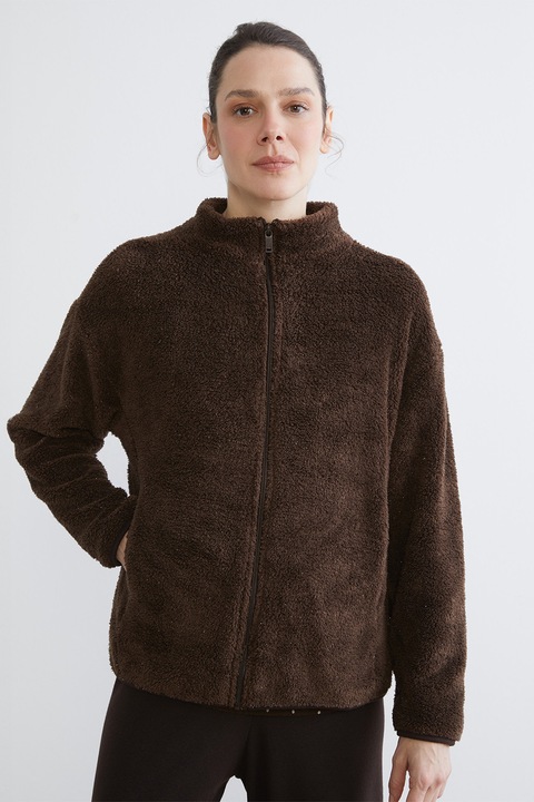 LC WAIKIKI, Jacheta din material teddy cu maneci cazute, Maro inchis