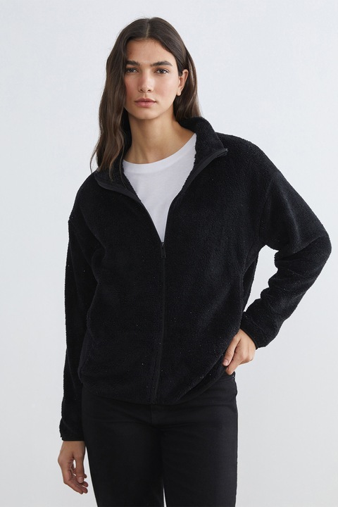 LC WAIKIKI, Jacheta din material teddy cu maneci cazute, Negru