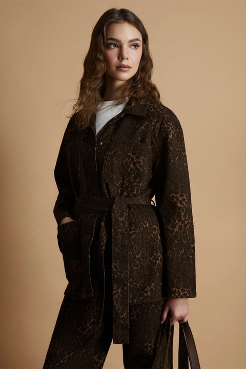 LC WAIKIKI, Palton scurt cu animal print, Maro inchis