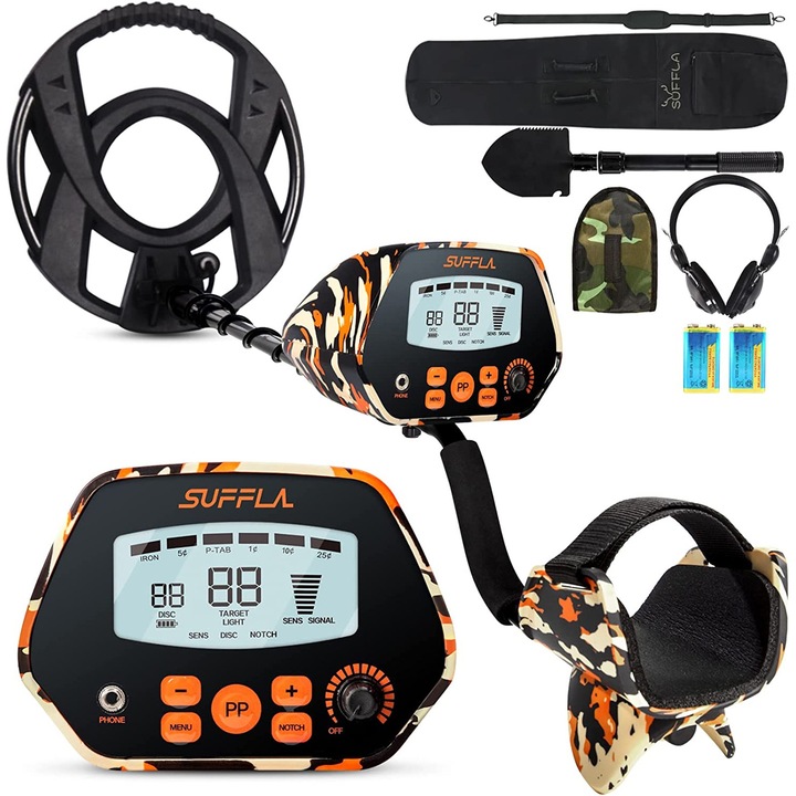 Detector de Metale pentru Adulti SUFFLA SMD02A Camuflaj Rosu Clasic – Gasit Aur & Argint, Spira Impermeabila 11'', Display LCD Clar, pentru Cautari in Camp si Plaja