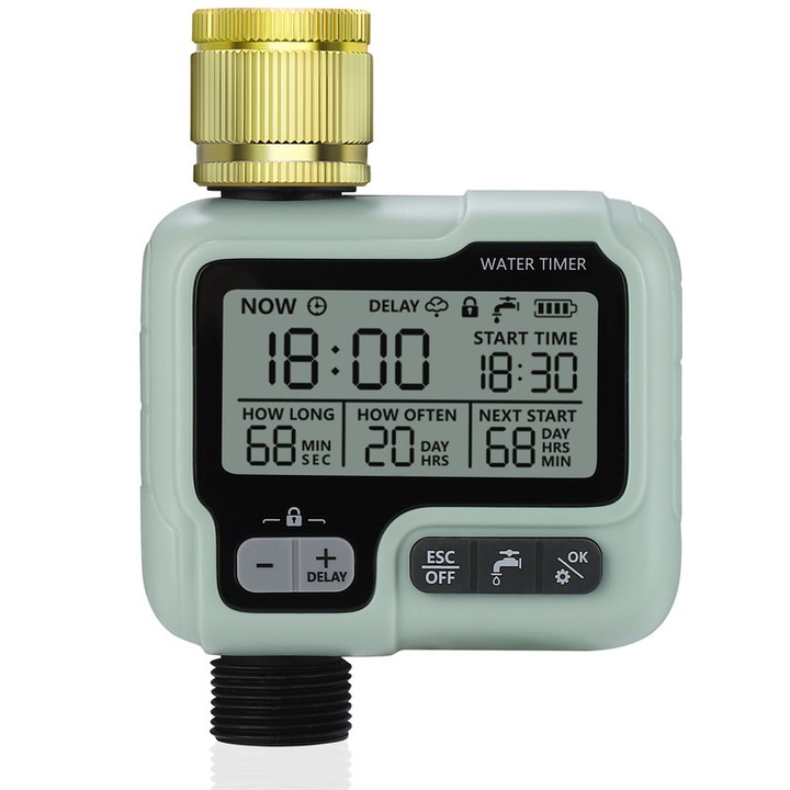 Програматор за поливане, johgee, с меден вход, автоматичен и ръчен режим, водоустойчив, зелен, 9x5x12см