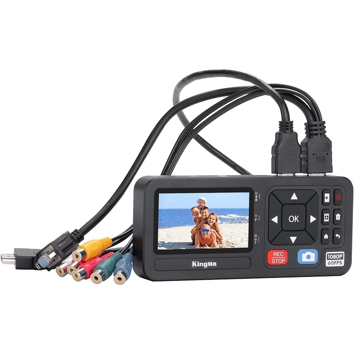 Placa de captura video 1080P, video grabber HDMI/VCR/VHS/RCA/DVD/DVR/camere video/Hi8 si alte dispozitive in format digital, stocare TF/SD/USB, cu dubla alimentare, acumulator NP-F550/F750/F970, cu display si telecomanda