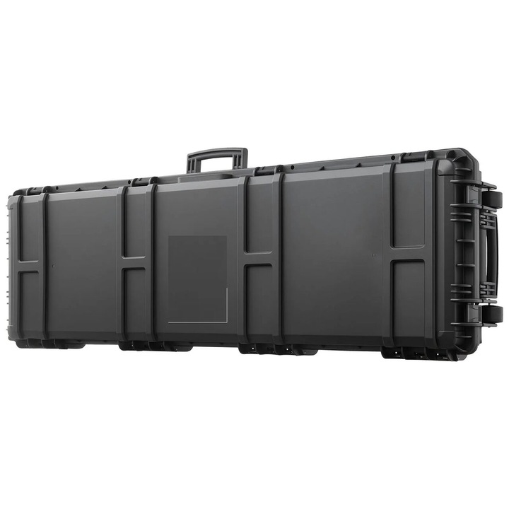 Caseta pentru pusti, Spuma pre-taiata, 134.1 x 42.5 x 18 cm, Waterproof IP67, Supapa presiune, Tip troller 2 roti, Balamale metalice, Negru