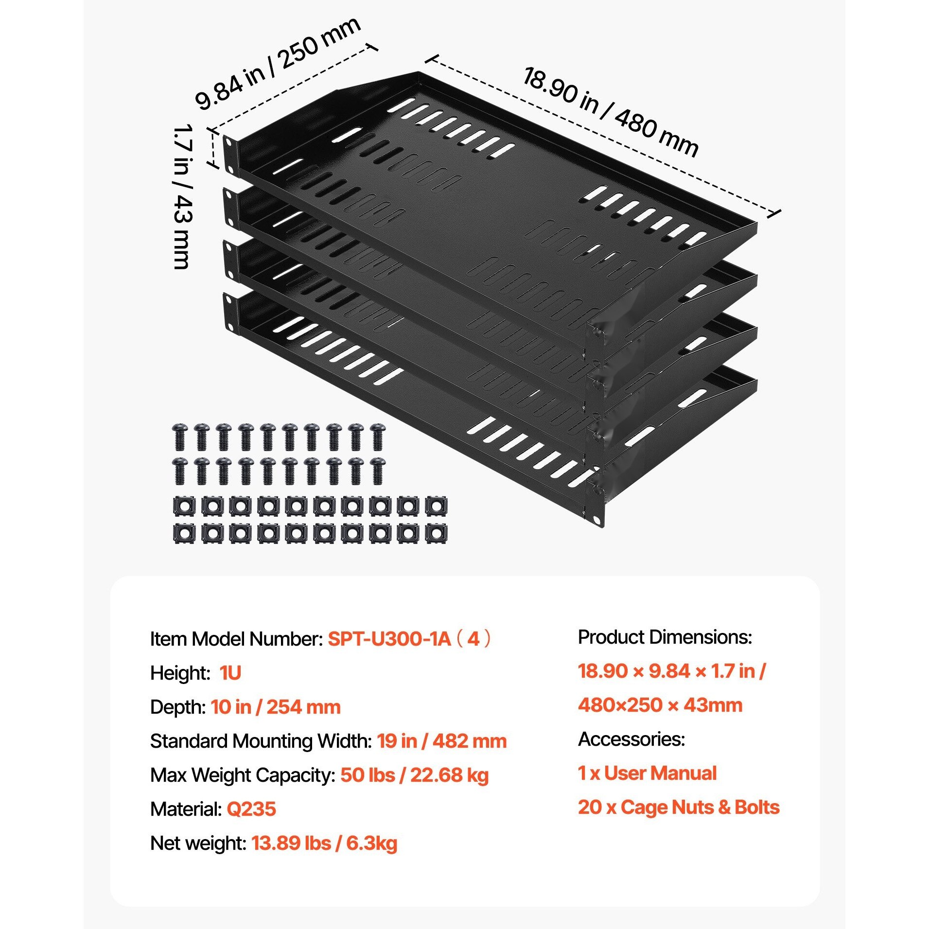 Tava Rack Polita rack 1U, Tava ventilata pentru server, Set 4 bucati, Sarcina max ...