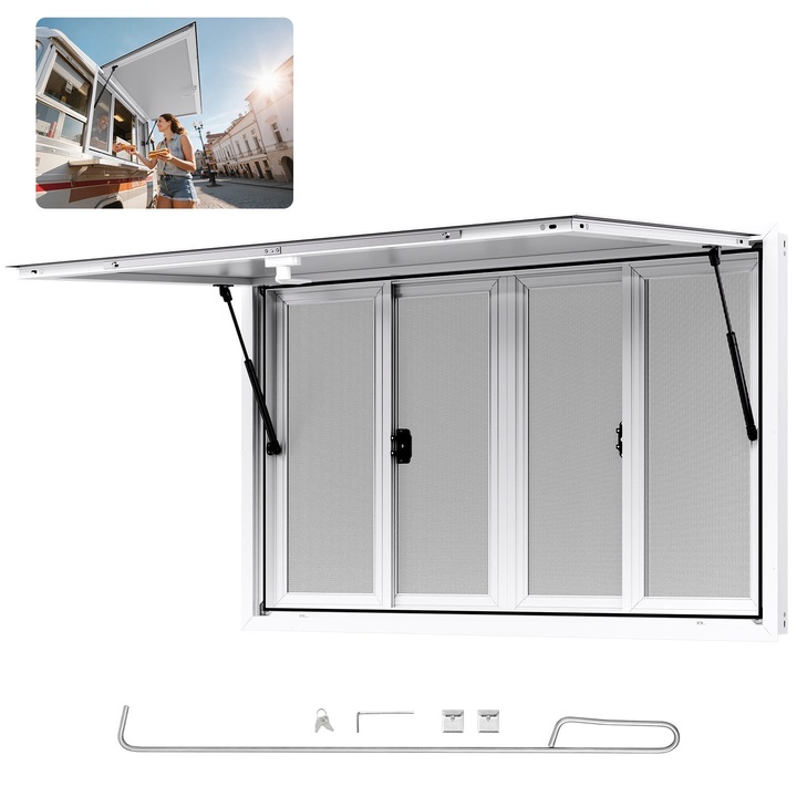Fereastra de servire pentru concesiune, Aliaj de aluminiu 135x84 cm, Pentru food truck/remorci, Deschidere cu suport pana la 85°, Ferestre glisante x4, Usa tip copertina