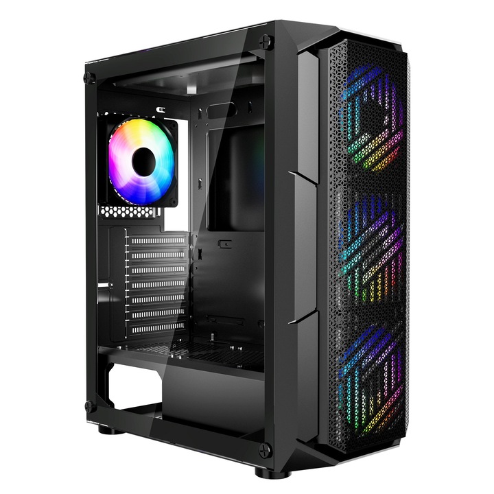 Carcasa PC gaming, Mid-Tower, Panou sticla securizata, Flux de aer ridicat, 4 ventilatoare ARGB 120 mm, Filtru de praf, Compatibila ATX/Micro-ATX/ITX, GPU pana la 32 cm
