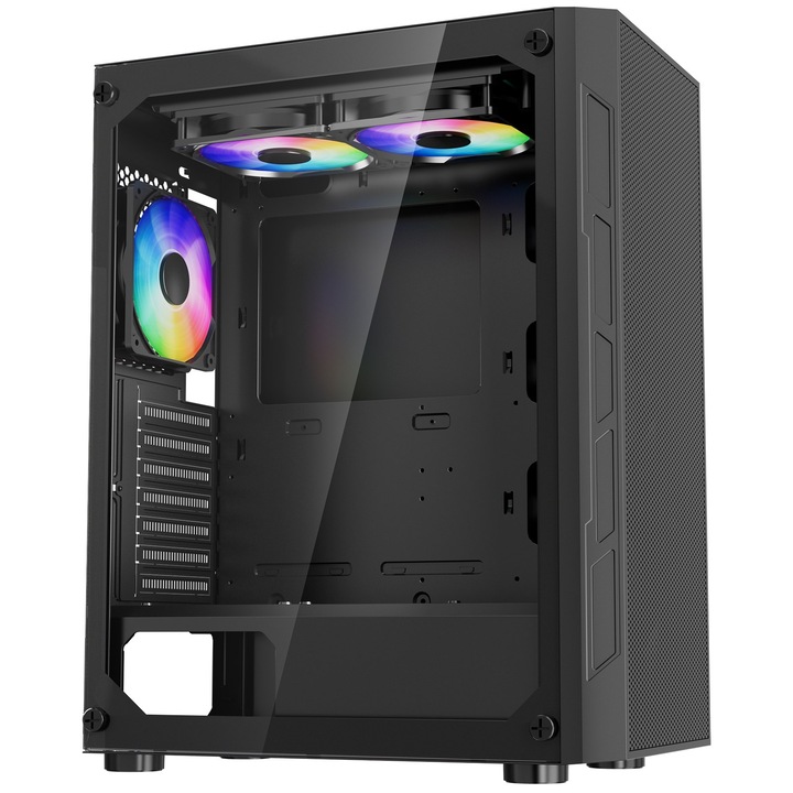 Carcasa PC gaming, Mid-Tower, Panou din sticla securizata, Flux de aer ridicat, Filtru de praf, Ventilatoare ARGB 3x 120 mm, Suport GPU pana la 320 mm, Compatibil ATX/M-ATX/ITX
