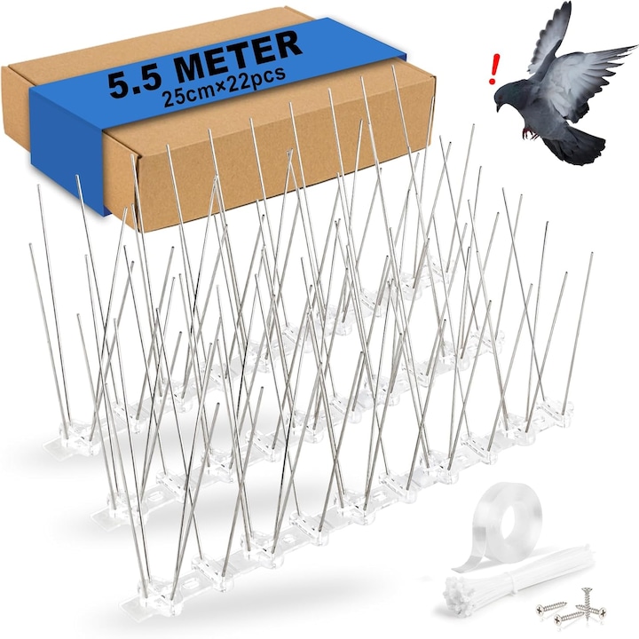Tepi Inox Anti Porumbei, Bedee®, 22*15tepi, 1 rola de banda dublu adeziva de 5 metri + 100 de coliere de cablu + 44 de suruburi, Lungime totala 5.5m, inaltimea 11 cm, si previne eficient pasarile construiasca cuiburi si faca nevoile