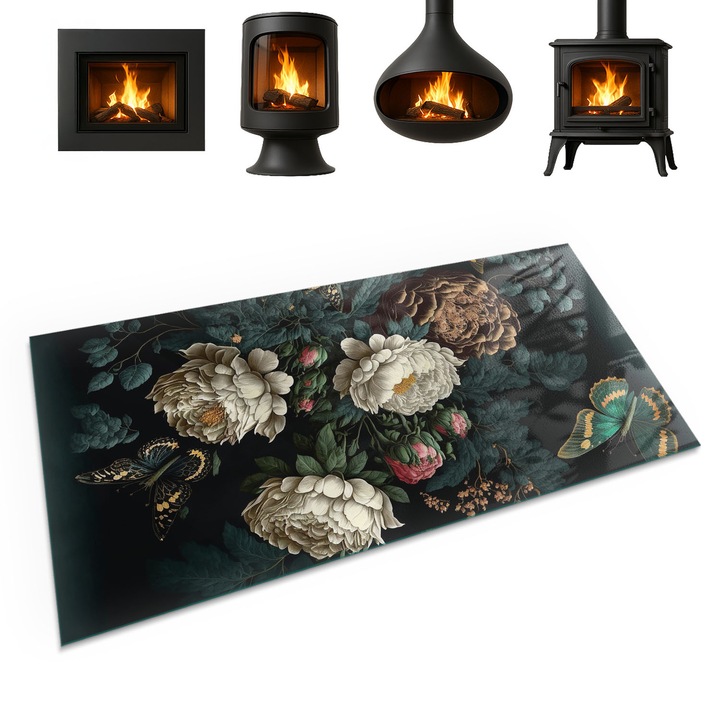 Protectie din sticla pentru semineu, Coloray, Motiv Floral Cu Fluturi, 120x60 cm, Verde, Rezistenta la temperaturi ridicate, Margini slefuite, 010010780180000075346