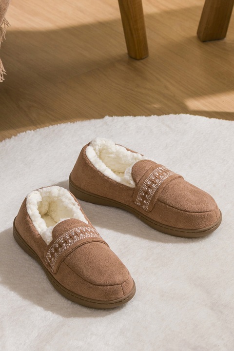 LC WAIKIKI, Papuci de casa din material textil cu broderie, Maro camel