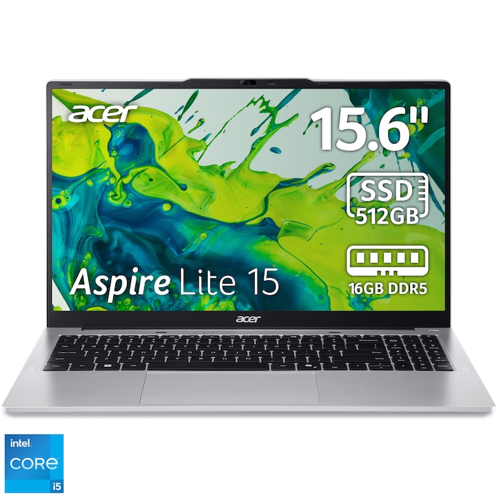 Лаптоп Acer Aspire Lite 15 AL15-72P-54J8, Intel® Core™ i5-13420H до 4.6GHz, 15.6'', Full HD, IPS, 16GB DDR5 RAM, 512GB SSD, Intel® UHD Graphics, No OS, Pure Silver
