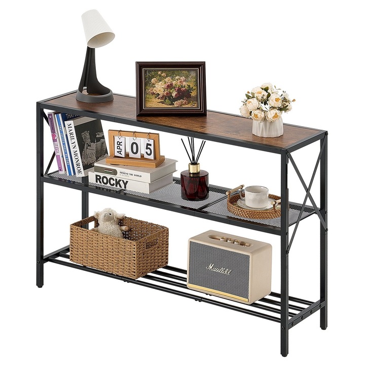 Masa consola ingusta, Masa pentru spatele canapelei, 105 cm Lungime, 3 Rafturi, Cadru Metalic, Pentru Intrare/Hol/Living