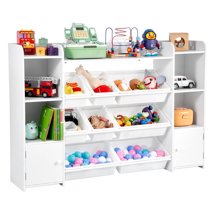 Raft de carti si organizator jucarii pentru copii, Dulap cu cutii, 4 Niveluri, 8 Cutii Flexibile din Plastic, Capacitate Mare, Usor de Montat, Pentru Camera de Joaca, Alb