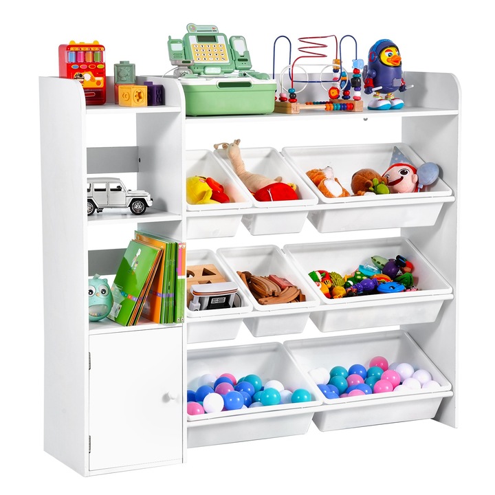 Organizator jucarii si biblioteca copii, 4 niveluri, 8 cutii depozitare detasabile, dulap integrat, MDF + plastic, sistem anti-rasturnare, 112, 5 x 30 x 100, 1 cm, Alb
