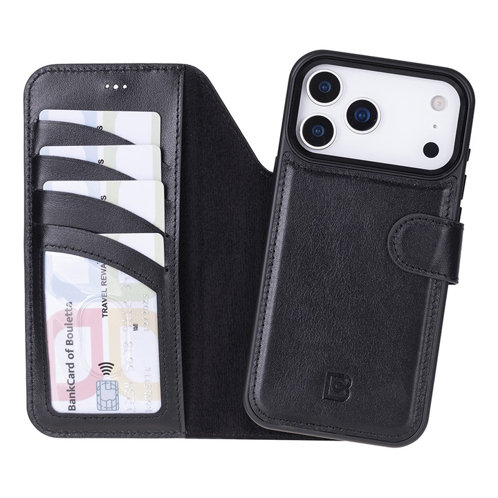 iPhone 17 Pro készülékkel kompatibilis tok Bouletta Magic Wallet, 2 az 1-ben természetes bőrtok, Magsafe-vel, pénztárca + back cover típus, Rustic black, Fekete