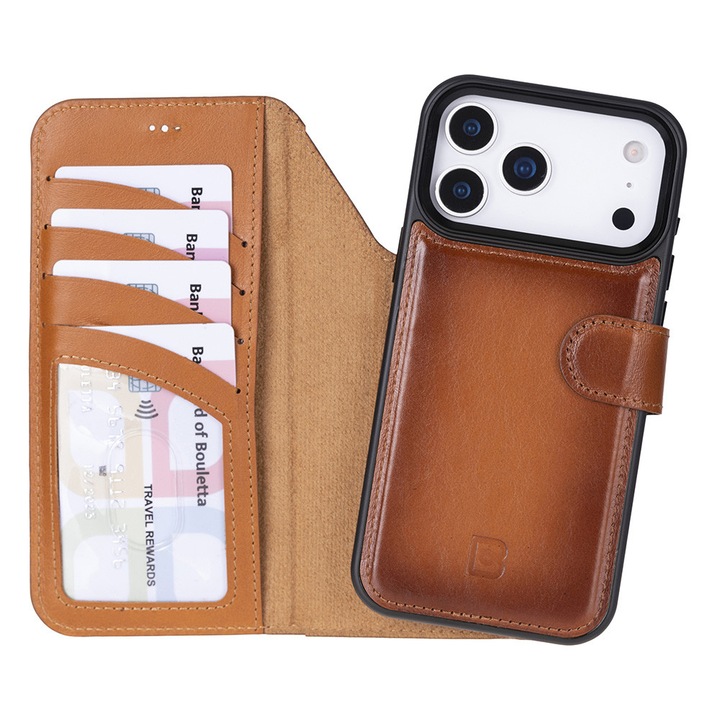 Tok iPhone 17 Pro Max-hoz, Bouletta Magic Wallet, MagSafe kompatibilis, valódi bőr, 2 az 1-ben pénztárca és hátlap, Burnished Tan szín