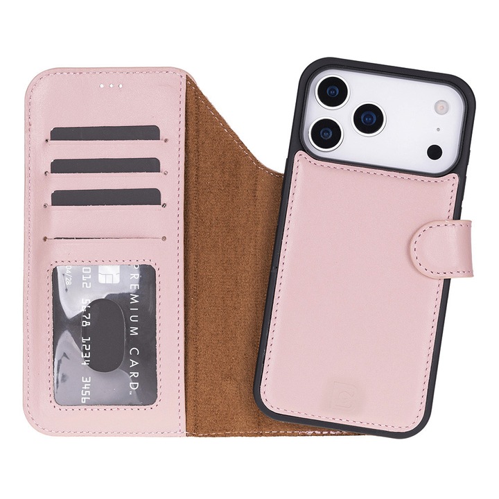 iPhone 17 Pro Max készülékkel kompatibilis tok Bouletta Magic Wallet, 2 az 1-ben természetes bőrtok, Magsafe-vel, pénztárca + back cover típus, Nude Rózsaszín