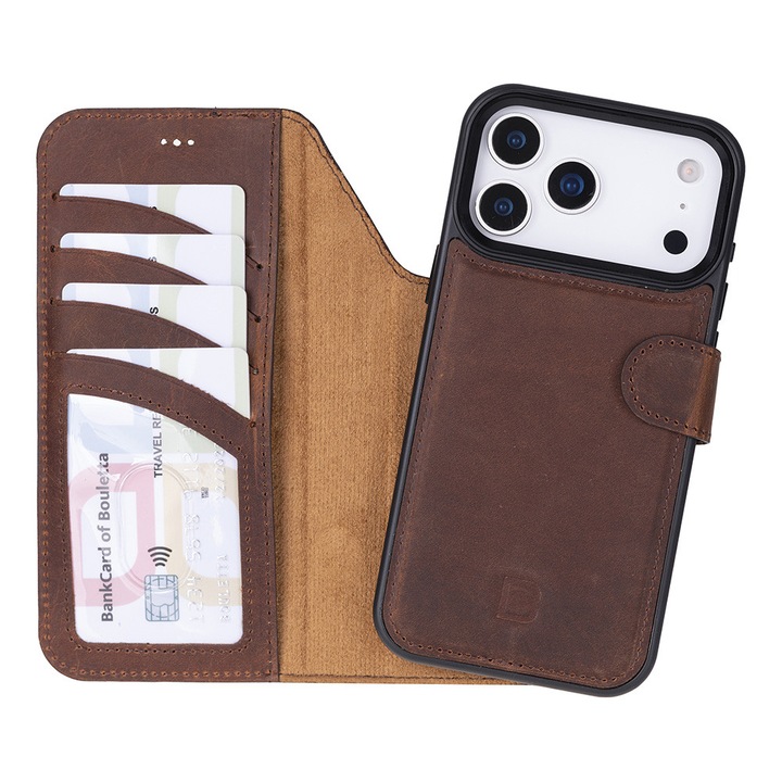 iPhone 17 Pro Max készülékkel kompatibilis tok Bouletta Magic Wallet, 2 az 1-ben természetes bőrtok, Magsafe-vel, pénztárca + back cover típus, Antique brown, Kávébarna