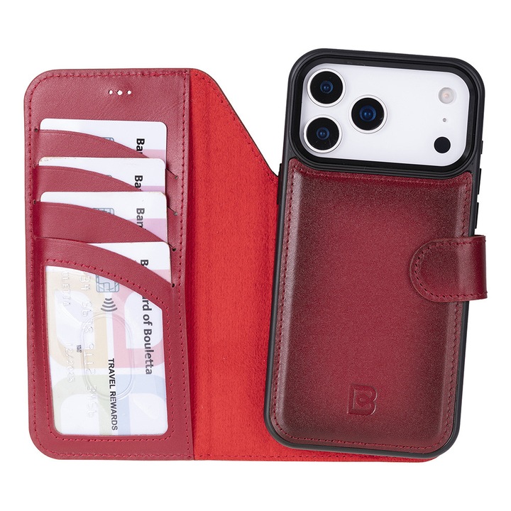 iPhone 17 Pro Max tok, Bouletta Magic Wallet, MagSafe kompatibilis, valódi bőr, 2 az 1-ben pénztárca és hátlap, Burnished red színű