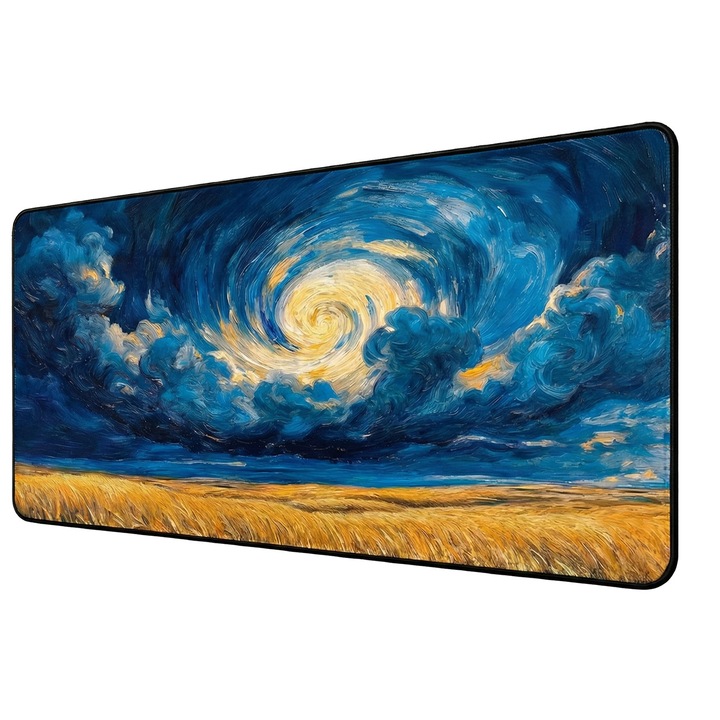 Подложка за мишка Gaming XXL Удължена в стил Ван Гог, 900x400x4 мм, Миеща се текстилна повърхност, Противоплъзгаща, Издръжлива, Лека, Арт дизайн, вдъхновен от Ван Гог, Синьо-жълта, за клавиатура и мишка