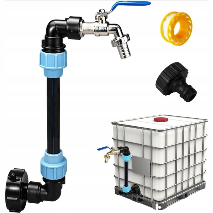 Robinet adaptor pentru rezervor IBC, Zola, 3/4 × 1″, lungime 25 cm, 15 m banda PTFE, aliaj de zinc, negru/albastru